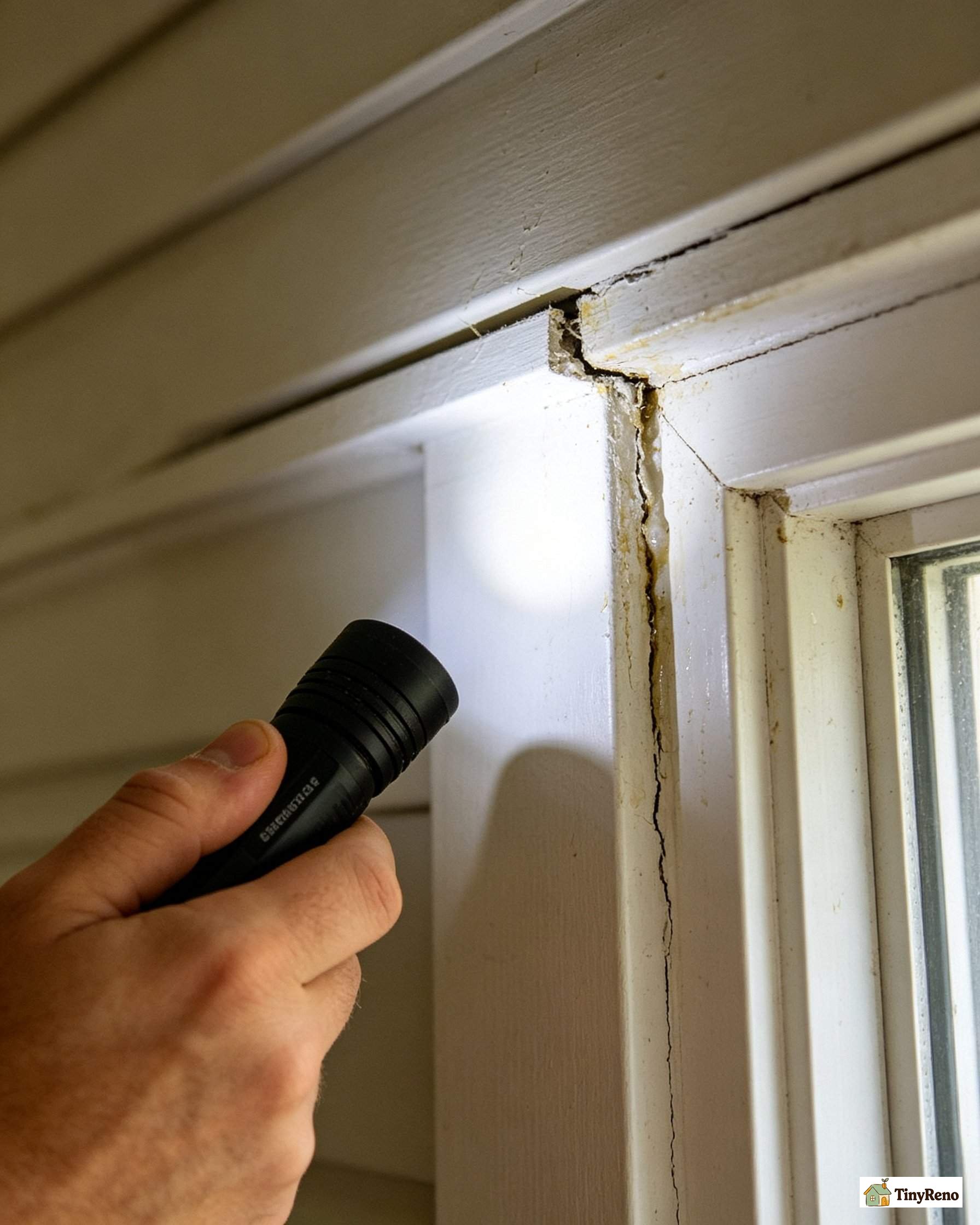 Close-up of a flashlight beam inspecting the top of a window frame for water entry signs