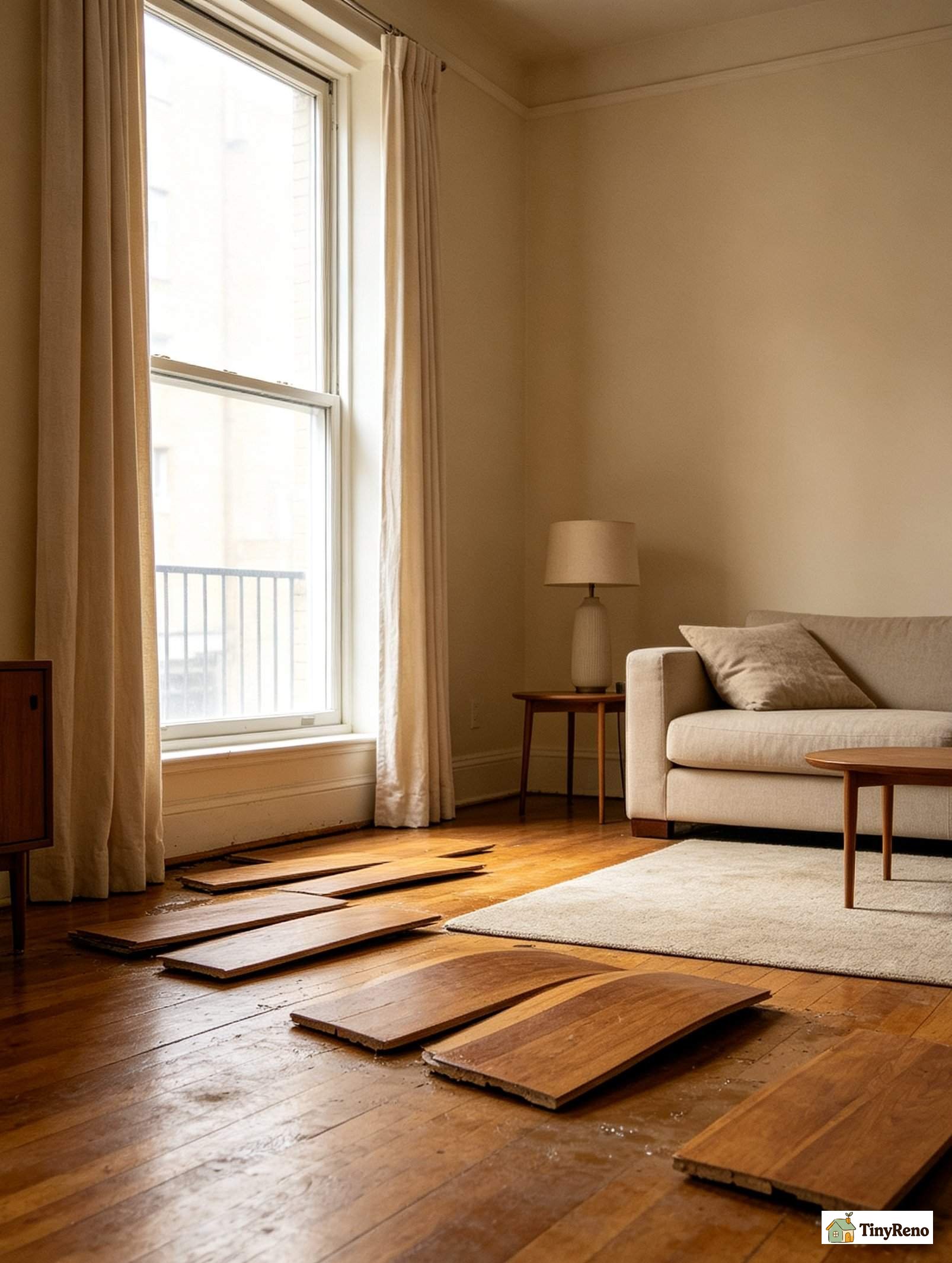 A wide view of an apartment living room showing six hardwood floor boards buckled and lifted near a window, warm beige walls, soft daylight