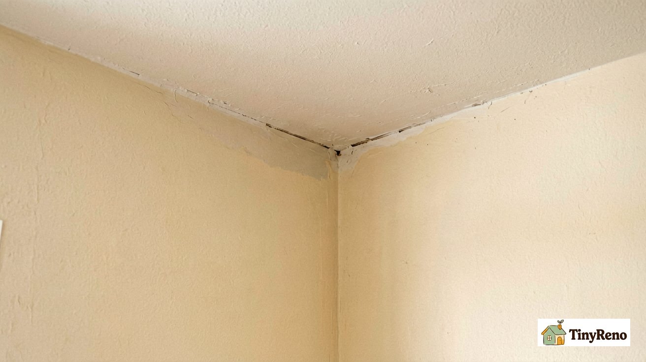 A close-up of a residential interior corner showing a clean drywall-to-ceiling transition with a small visible gap