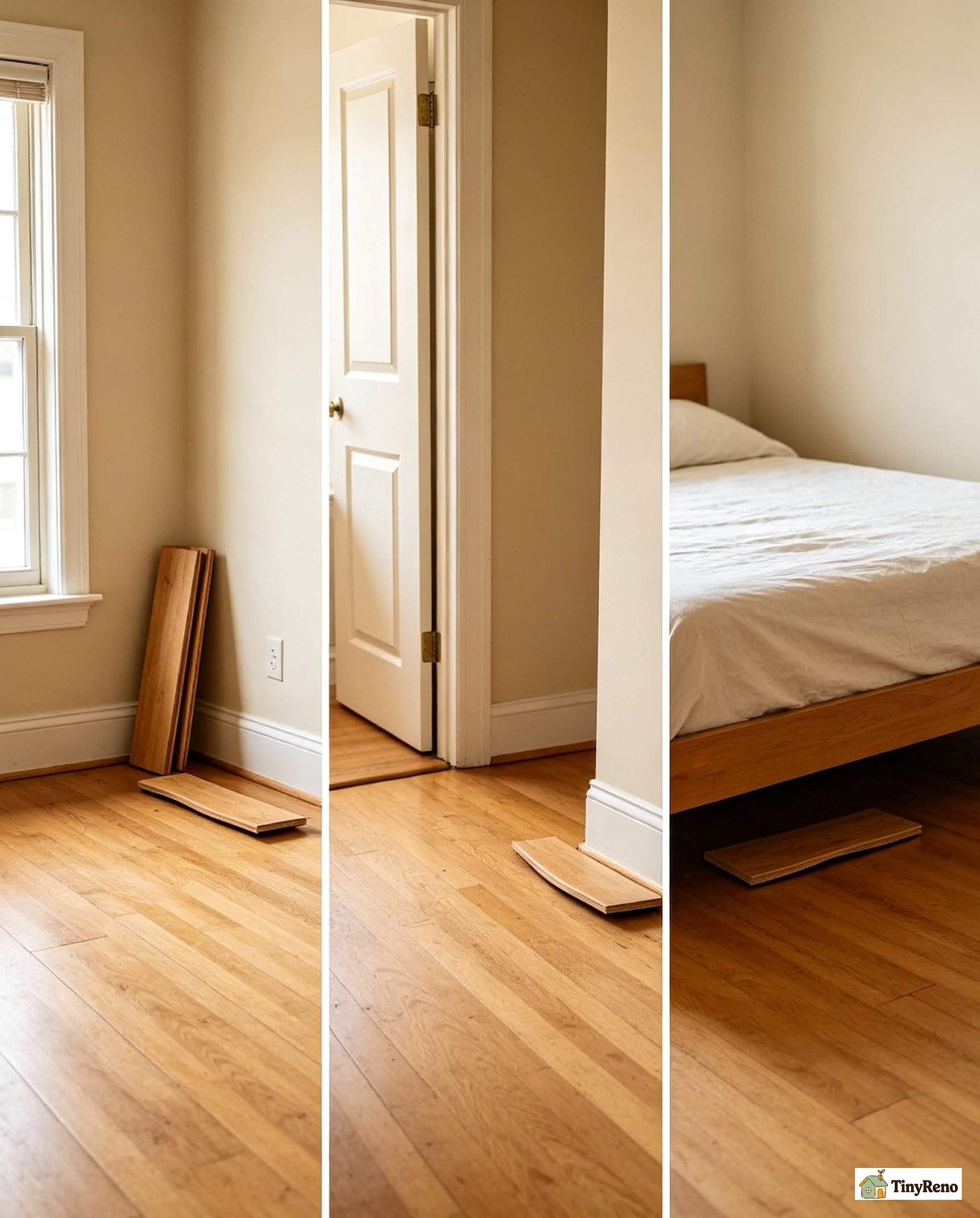 Three side-by-side apartment living room photos: one with buckled floor near window, one with buckled floor near entry, one with single plank buckled in bedroom
