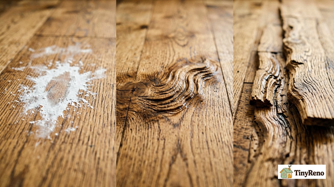 A close-up of three different hardwood floor water damage types side by side: surface stain, cupping, and buckling