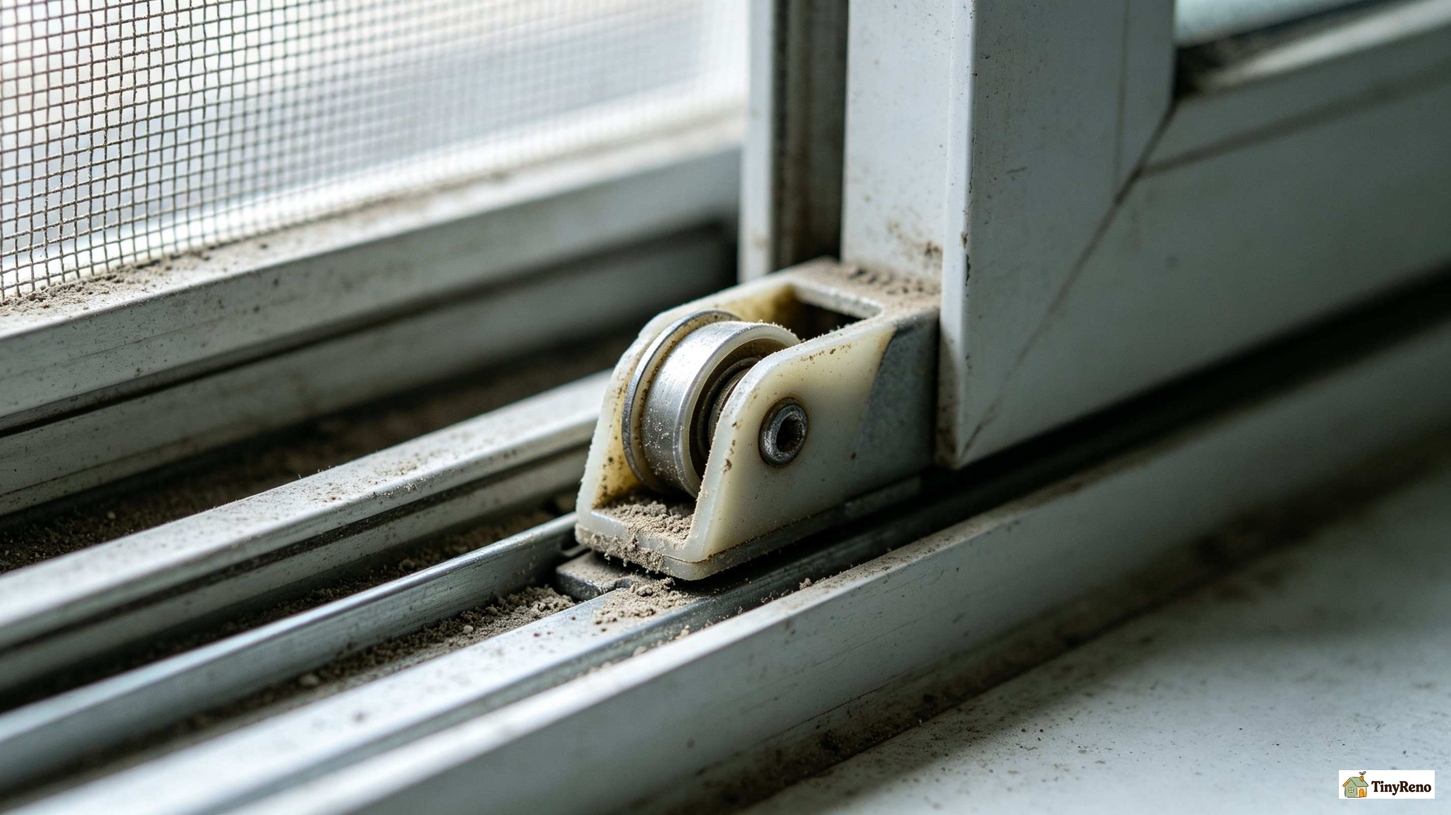 Close-up of sliding screen door rollers at the bottom of the frame