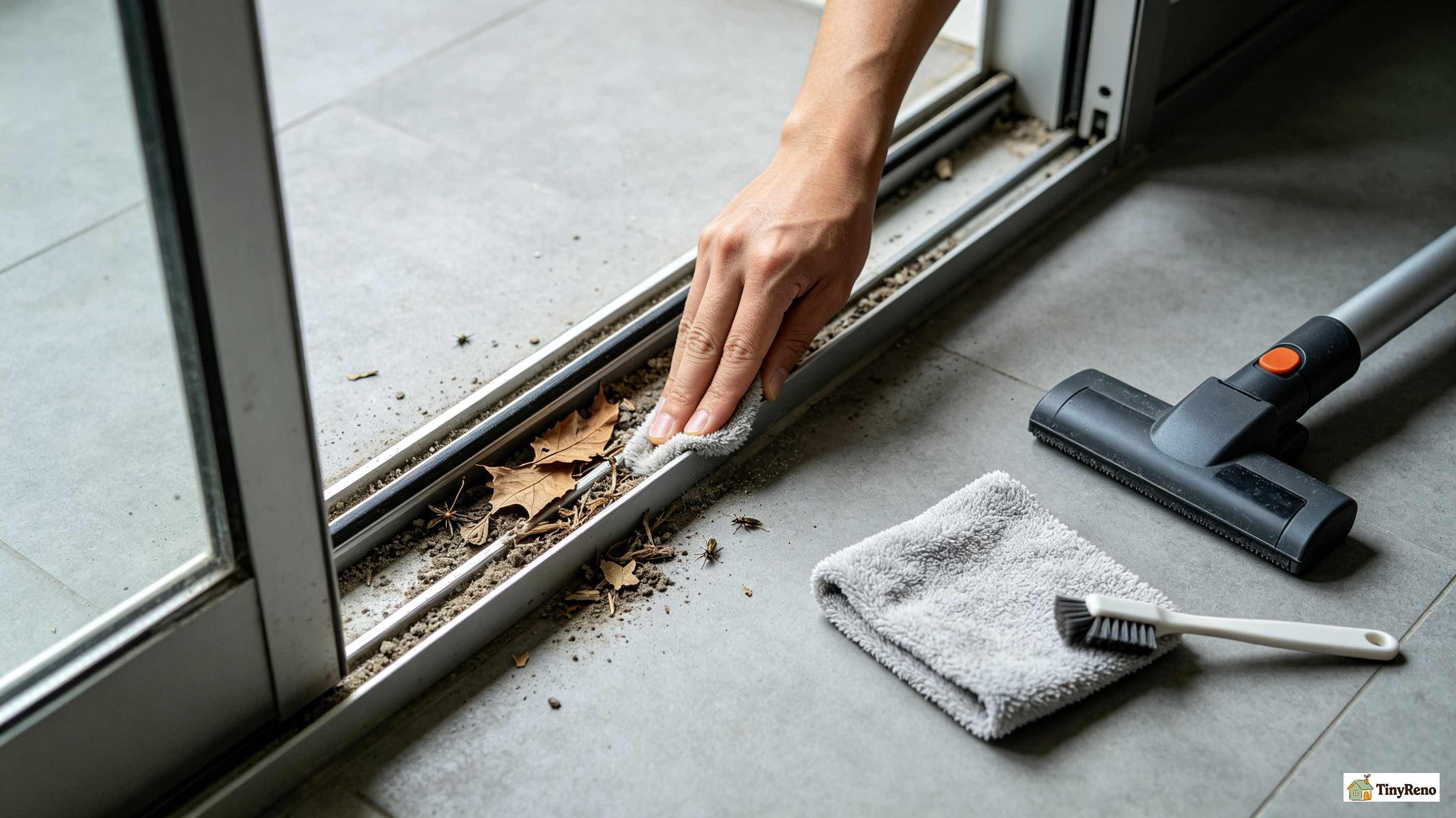 Cleaning the sliding door screen track: removing grit before reinstallation to prevent jamming