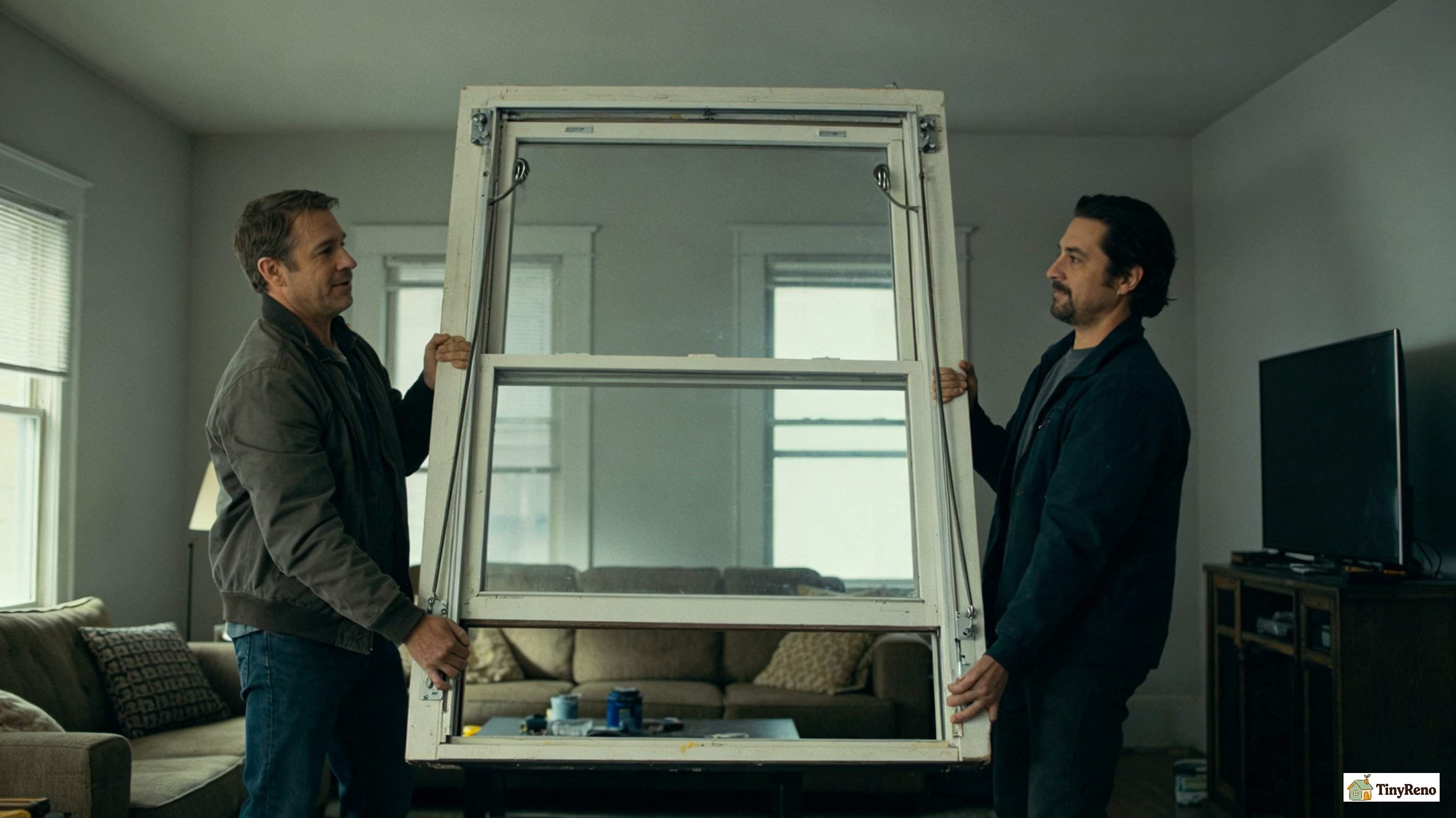 Two people removing a heavy double-hung window sash with spring balances visible on the sides