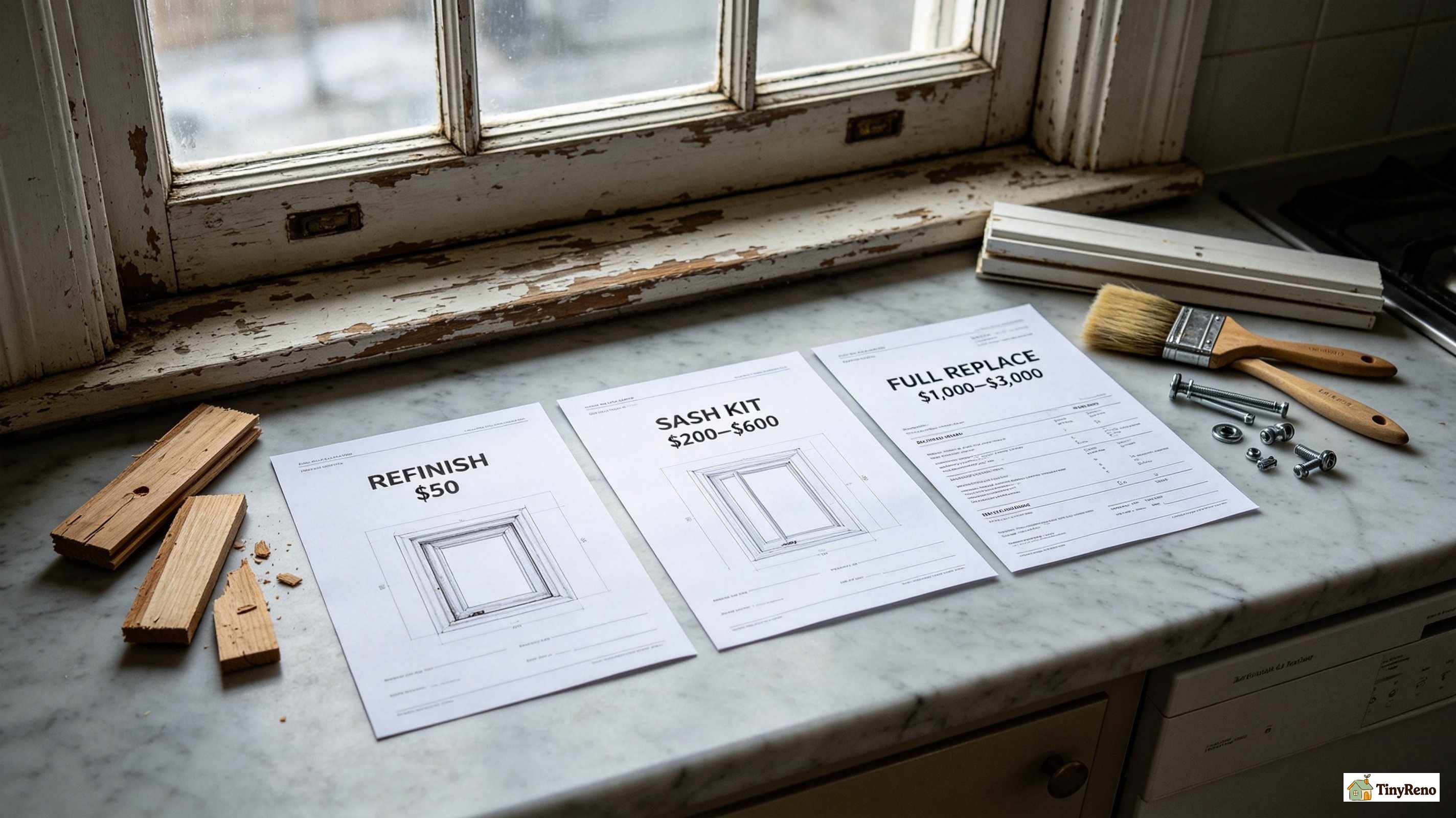 Comparing three wood sash options: refinish vs sash replacement kit vs full window replacement