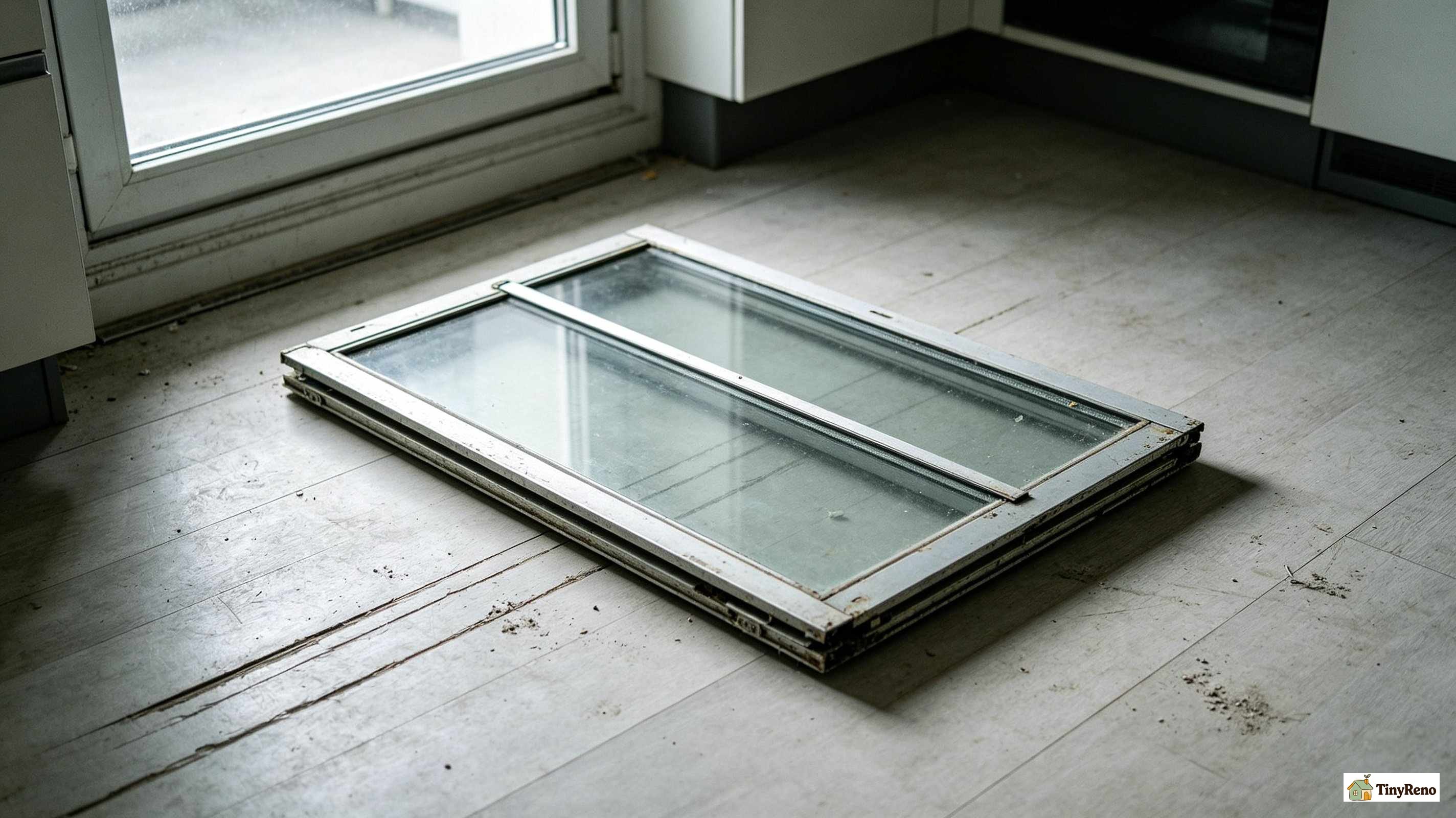 Sliding window sash lying on a floor after being removed, with floor scratches visible