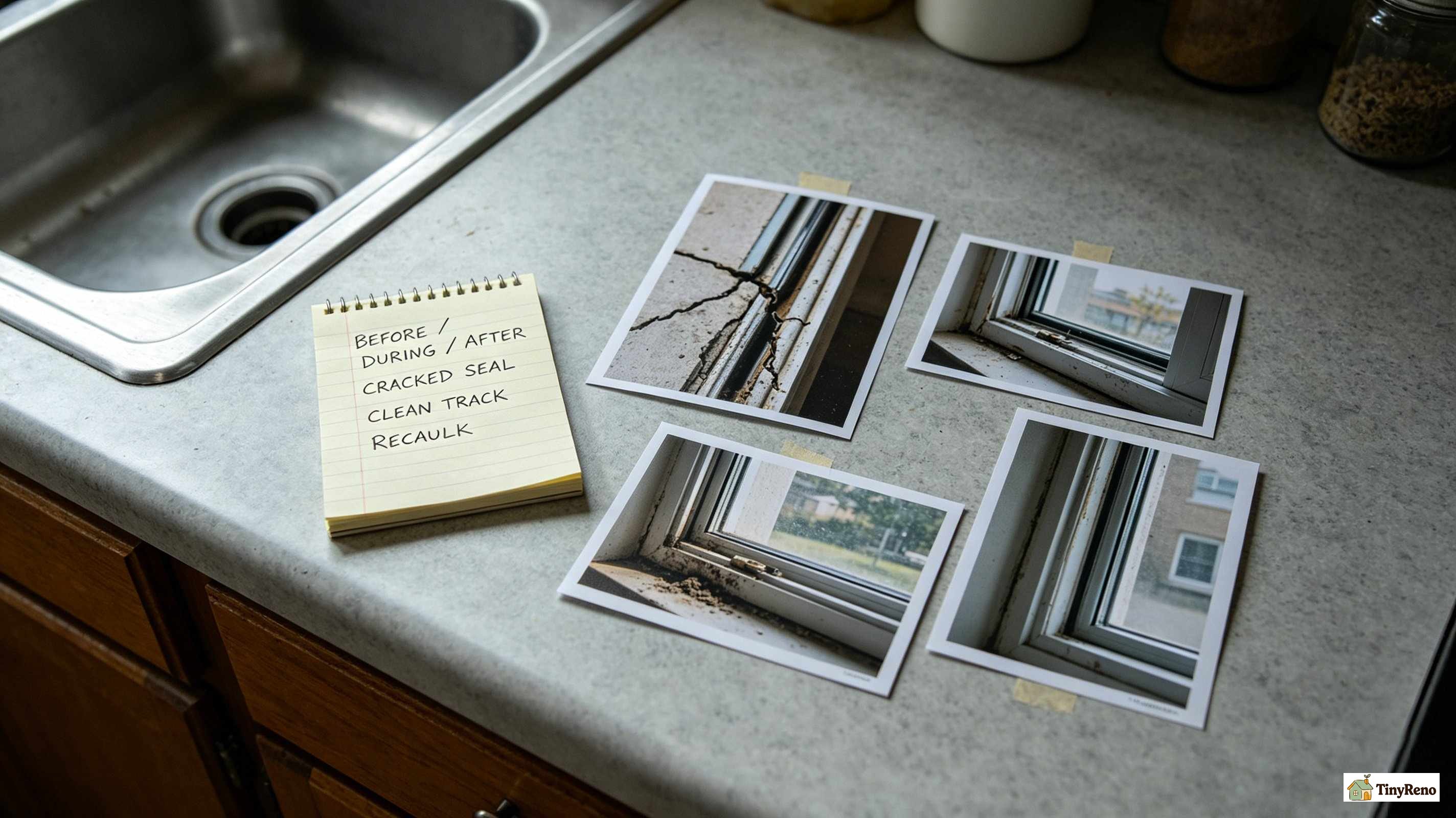Small notepad on a kitchen counter listing maintenance evidence with photos printed beside it