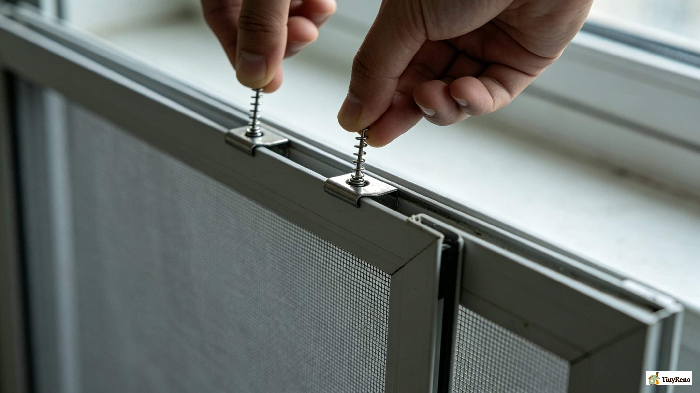 Hands pressing spring tabs on a window screen with thumbs