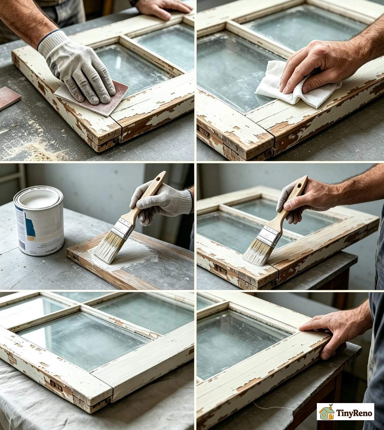 Refinishing a wood sash in 5 steps: sand, prime, paint, dry, reinstall