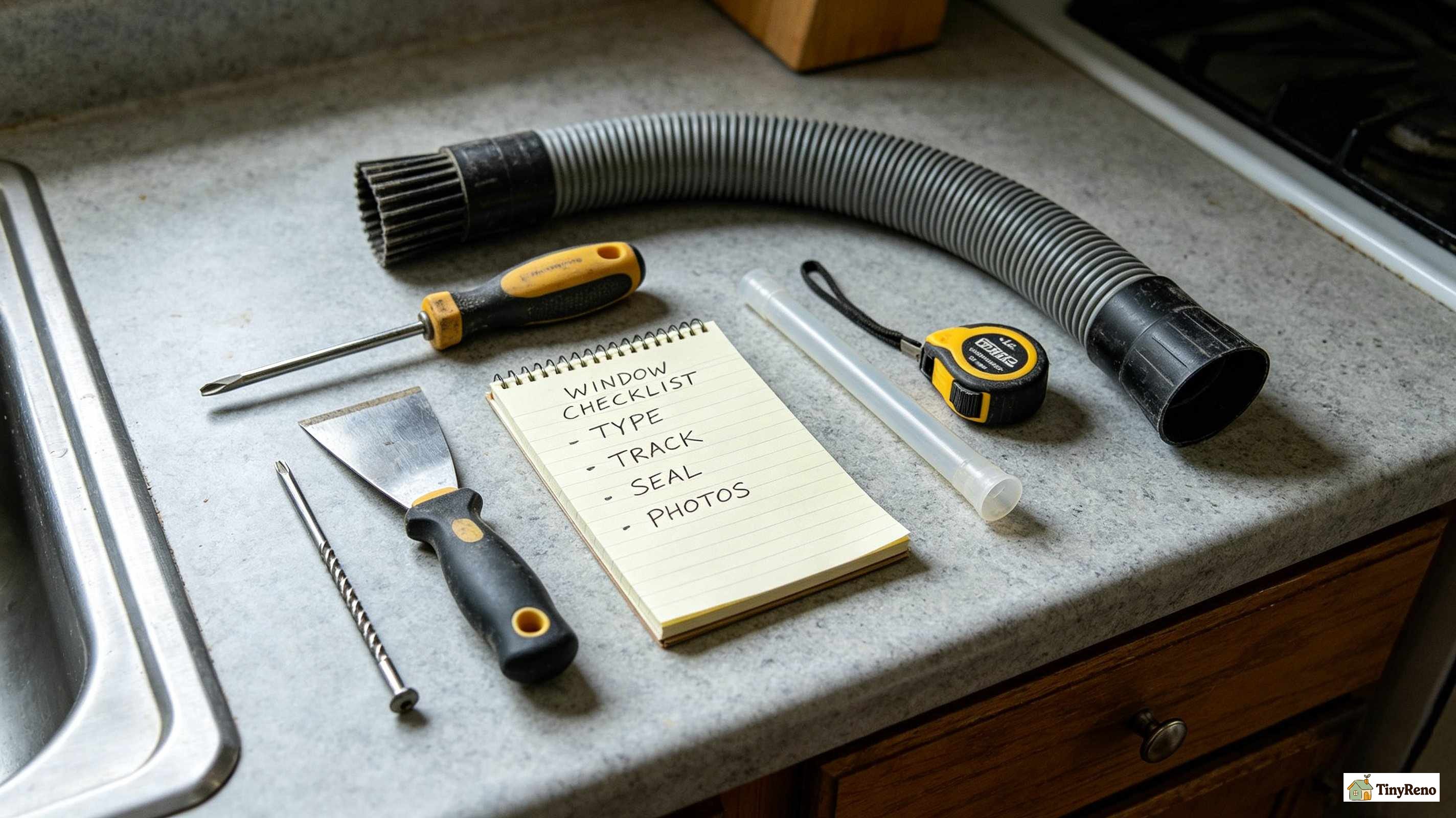 Renters toolkit laid out on a kitchen counter: screwdriver, putty knife, vacuum hose, and a small notepad