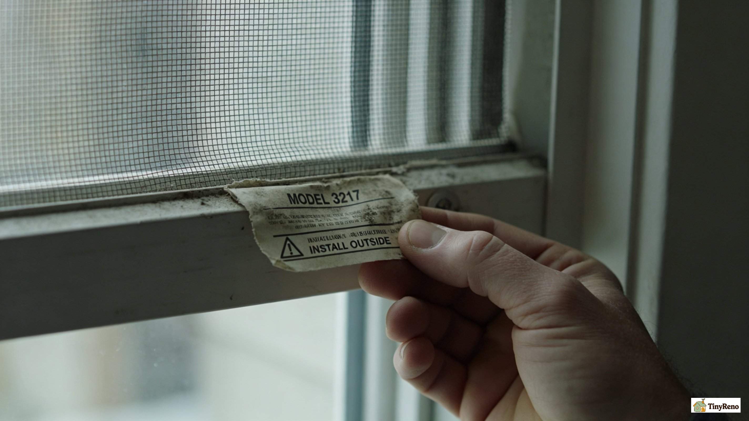 Hand holding a window screen up close to read the manufacturer label on the corner