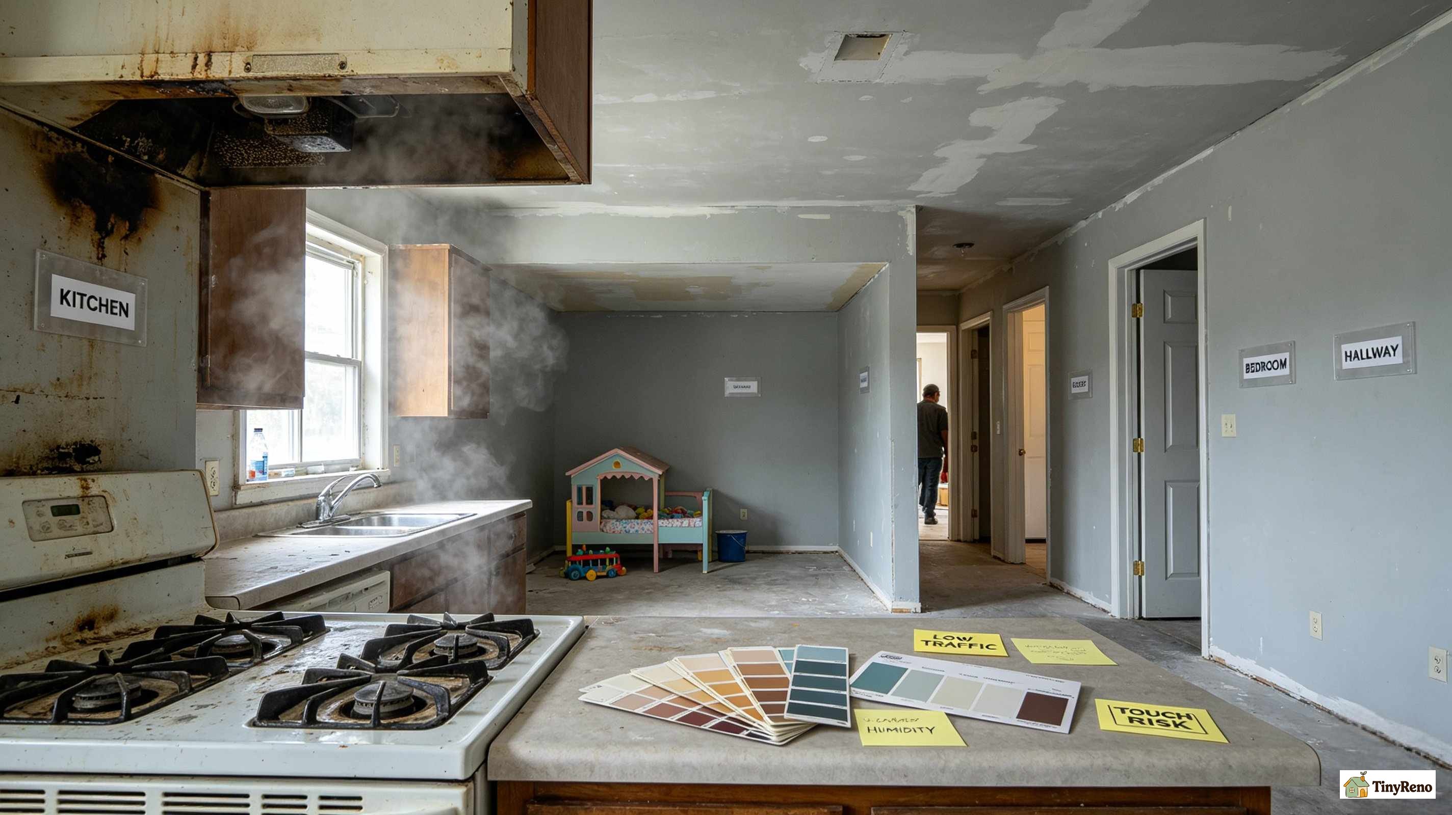 Side-by-side 14 month result of ceiling paint vs wall paint on the same kitchen ceiling
