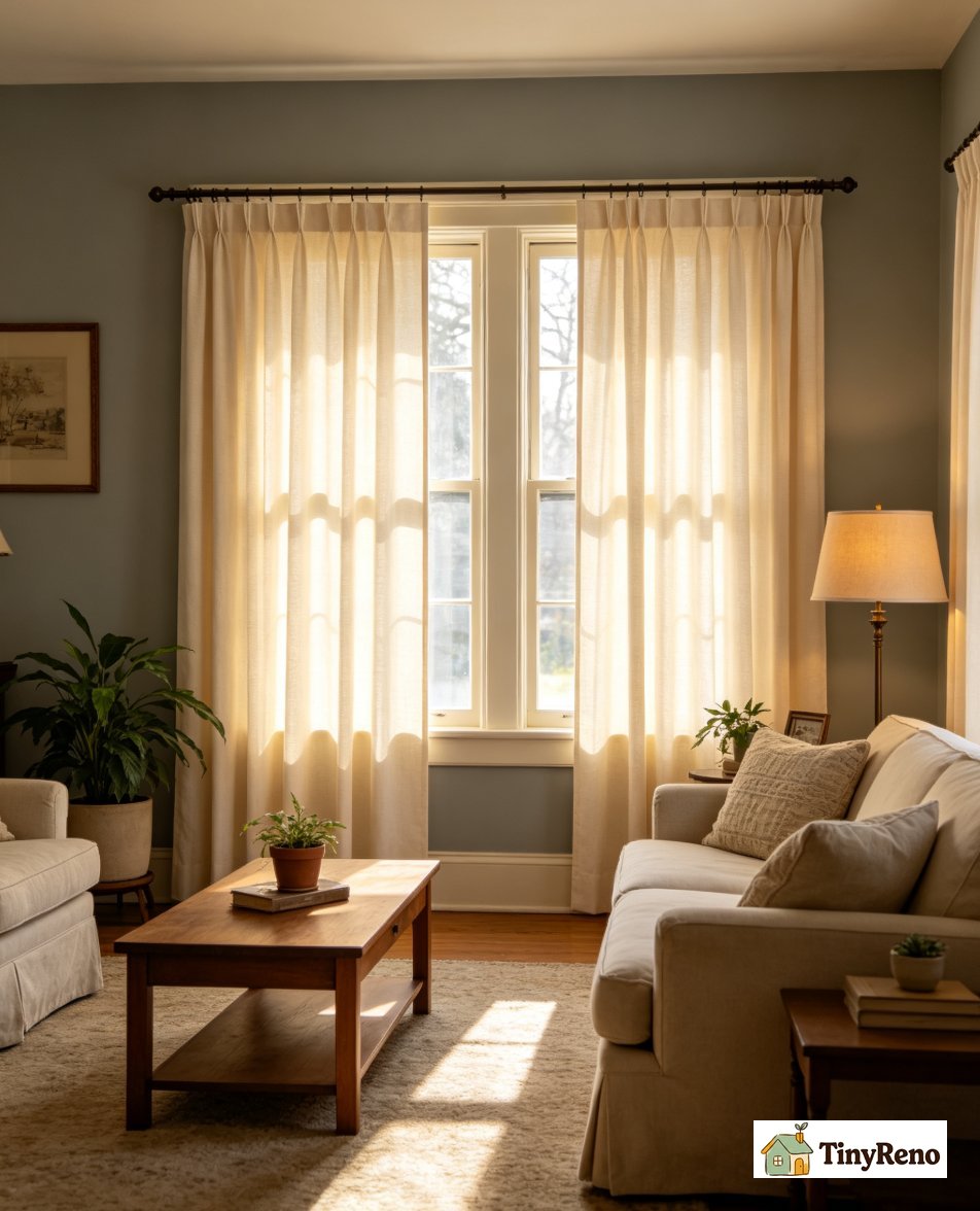 Cream curtains hanging in a cool grey living room showing the universal winning color combination