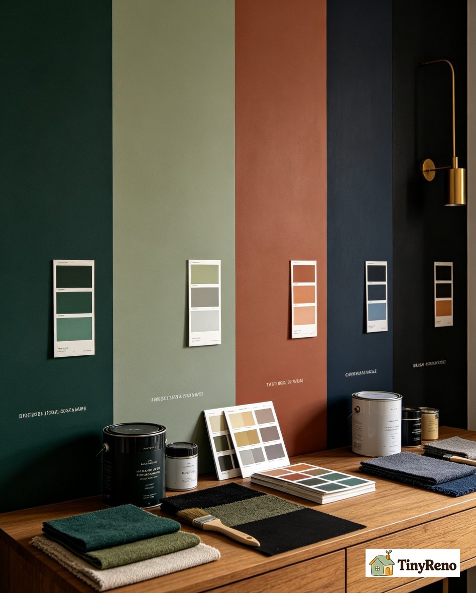 Five moody color definitions shown as side by side swatches from dark saturated to dark tone-on-tone