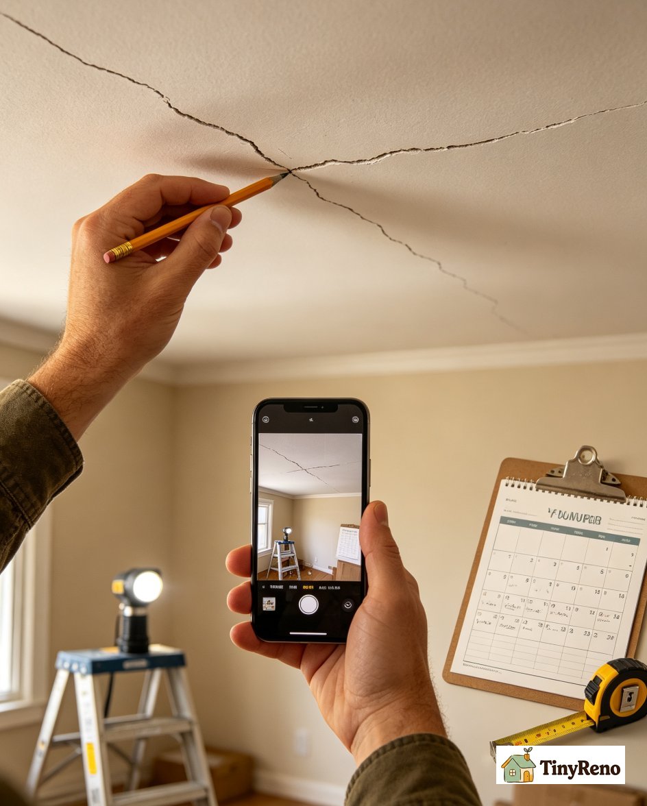 On the first of the month she walks every room with a pencil and a phone. She draws a tiny tick mark at each end of every existing cracks in ceiling