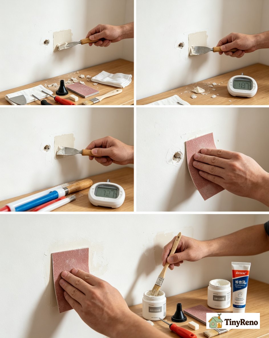 A five step nail filler SOP shown as numbered panels from prep through paint on a wall