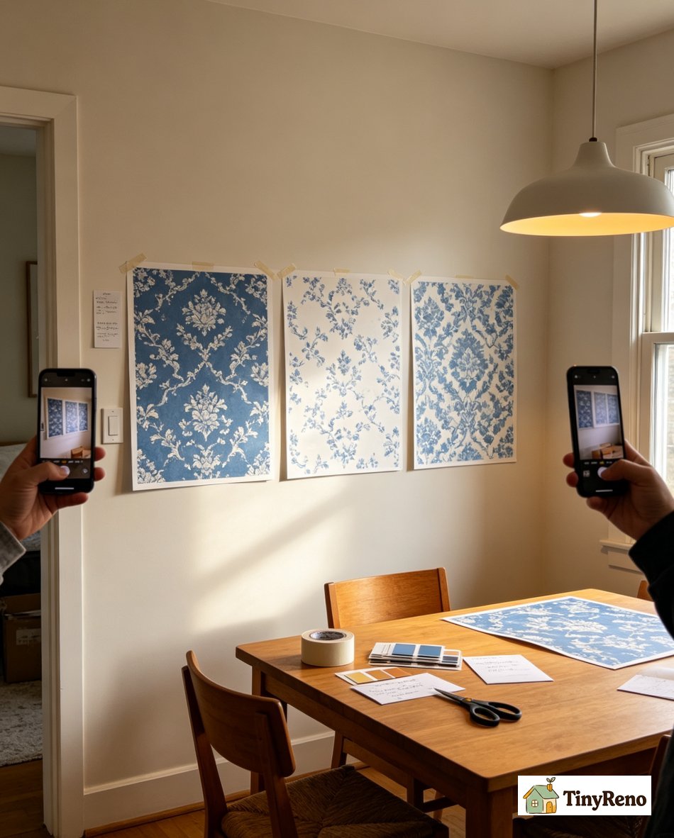 A five-minute sample test for blue and white wallpaper showing sample sheets taped to wall under morning afternoon and evening light
