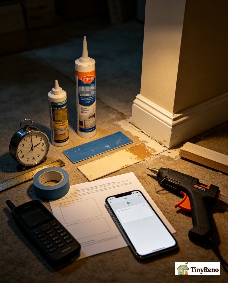 A clock showing 9 p.m. beside a half finished baseboard caulk job in a rental living room before move-out