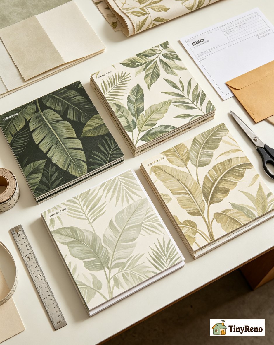 Four botanical wallpaper sample books from Tempaper, Chasing Paper, Wall Pops, and Spoonflower side by side on a table