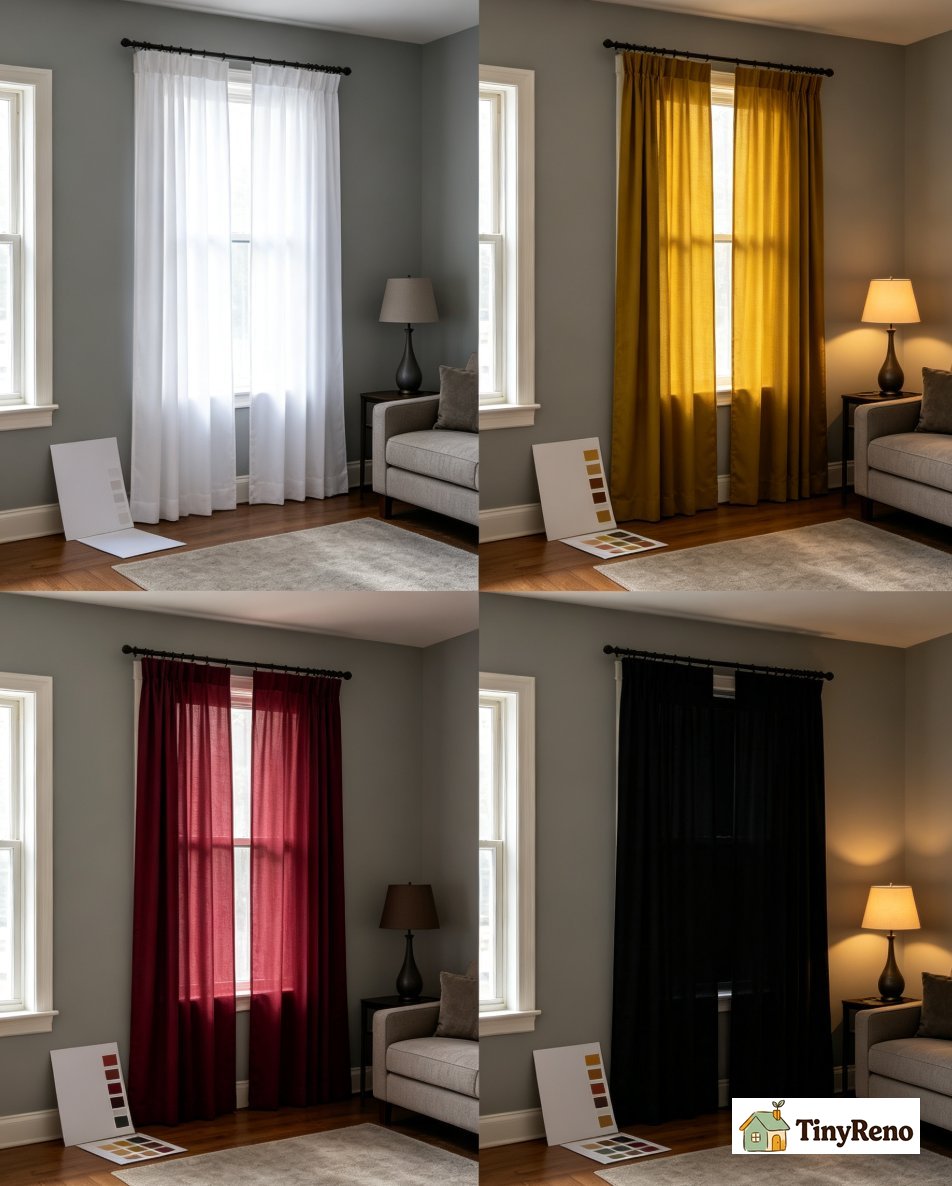 Four failed curtain colors in a grey living room including white mustard burgundy and black showing why each one failed