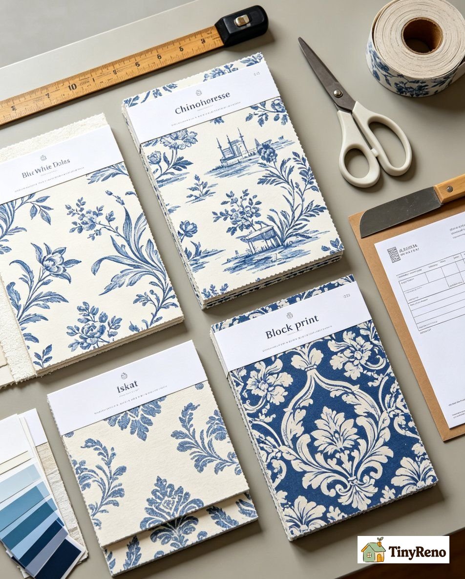 A five-minute sample test for blue and white wallpaper showing sample sheets taped to wall under morning afternoon and evening light