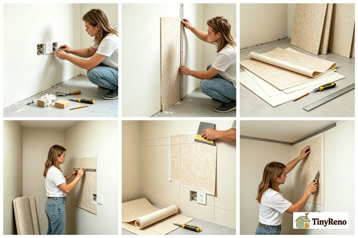 Six steps of wallpaper installation in a powder room shown as numbered panels from prep through trim and caulk