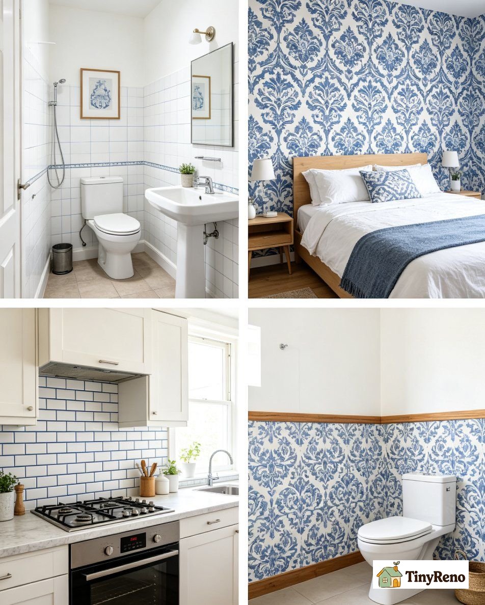 Four room examples showing blue and white peel-and-stick wallpaper in powder room bedroom kitchen backsplash and half bathroom