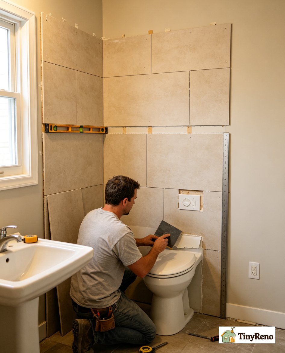 Landlord approval email template on a phone screen showing brand sample and powder room wall sketch