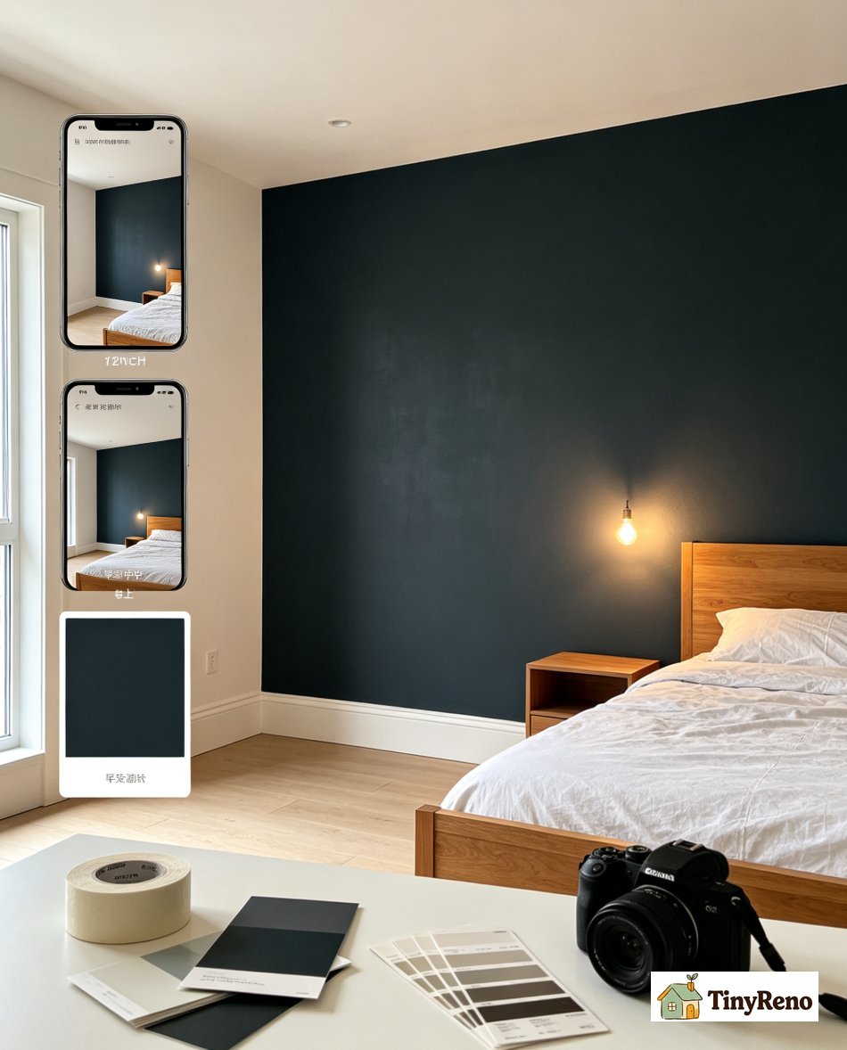 A bedroom one year after installing a moody Tempaper Dark Tropical mural accent wall showing a balanced room with white ceiling