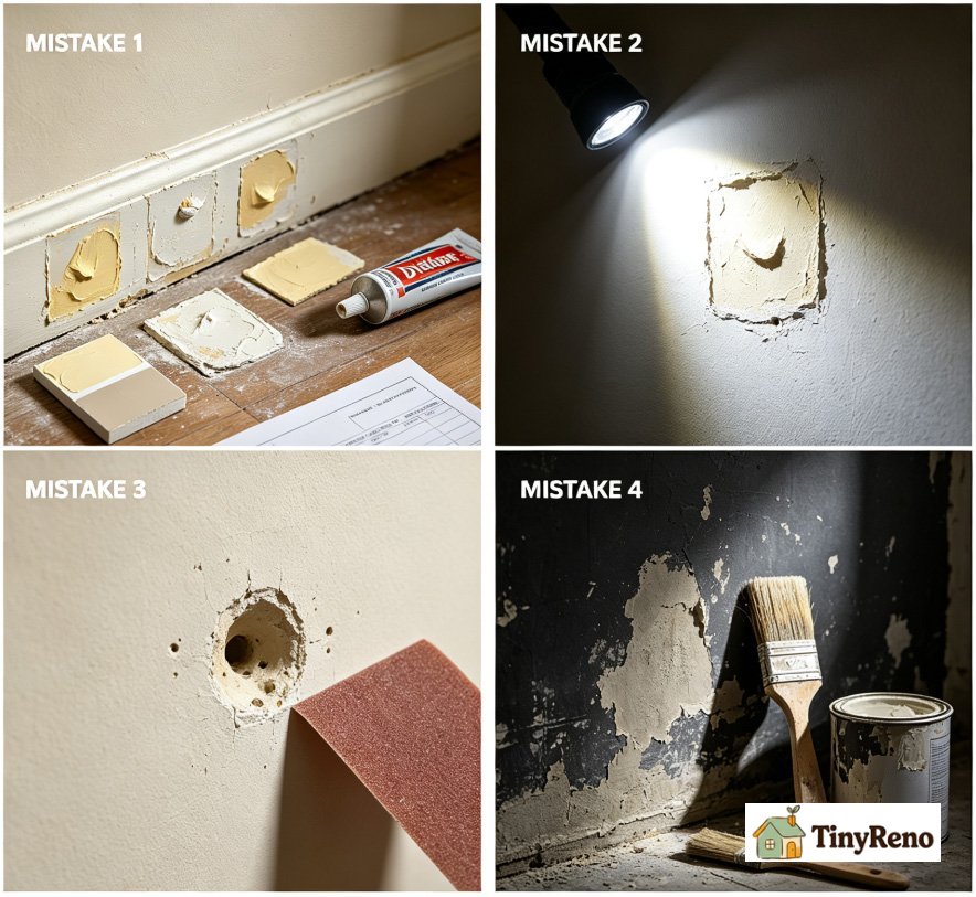 Four failed nail hole repairs showing toothpaste shrinkage unsanded patches and color mismatched filler