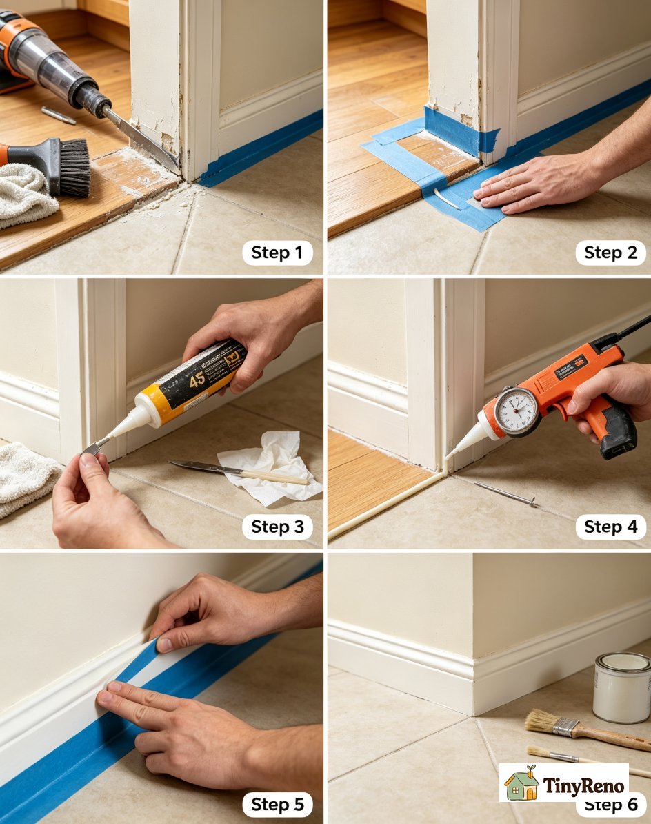 A phone propped against a wall showing a six step caulk baseboard checklist while a person works on baseboards