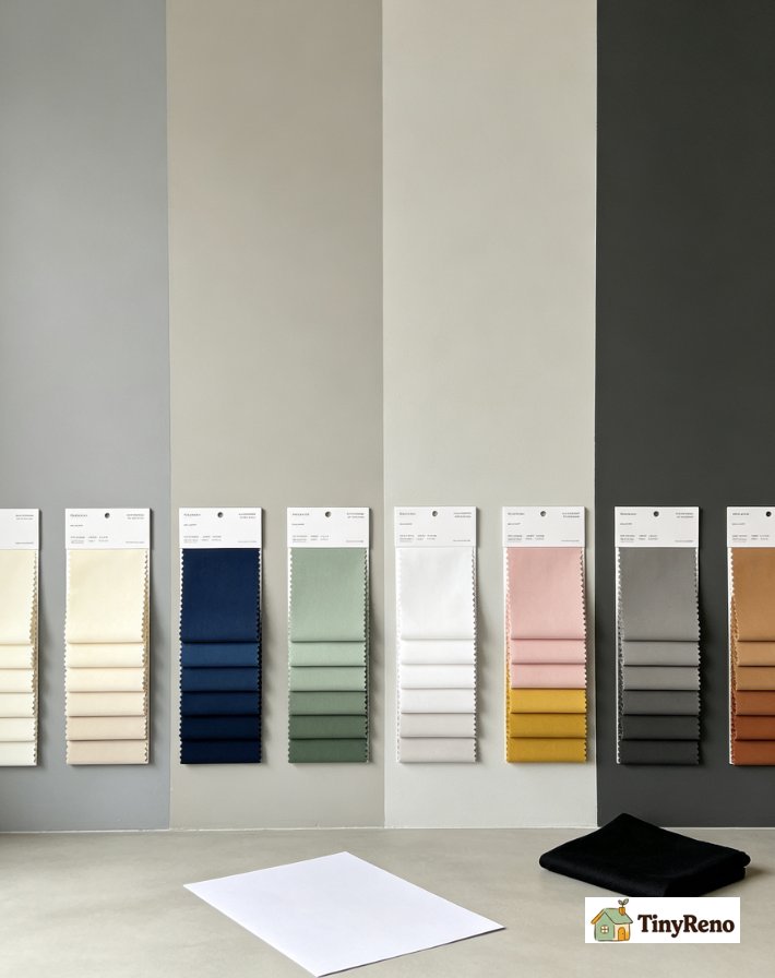 Four grey wall paint swatches side by side showing cool grey warm grey light grey and charcoal with matching curtain colors above each