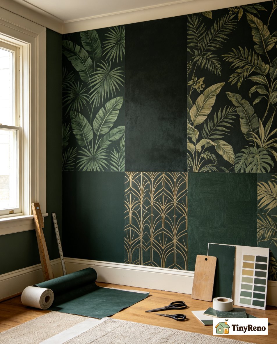 A Tempaper Jungle Mural in dark forest green installed as a bedroom accent wall next to four supplier sample books