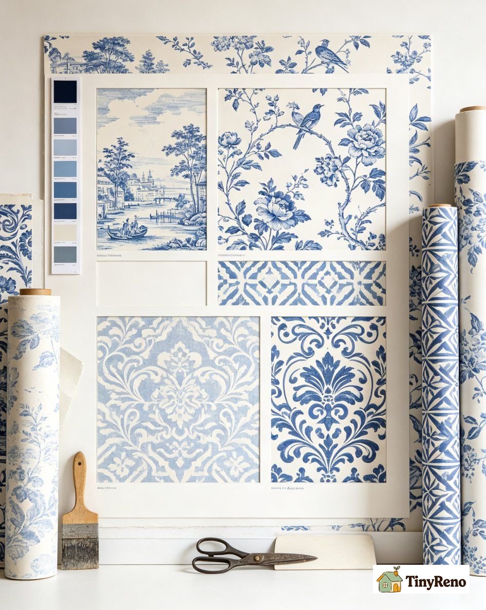 Five classic blue and white wallpaper pattern styles including toile chinoiserie ikat damask and block print side by side