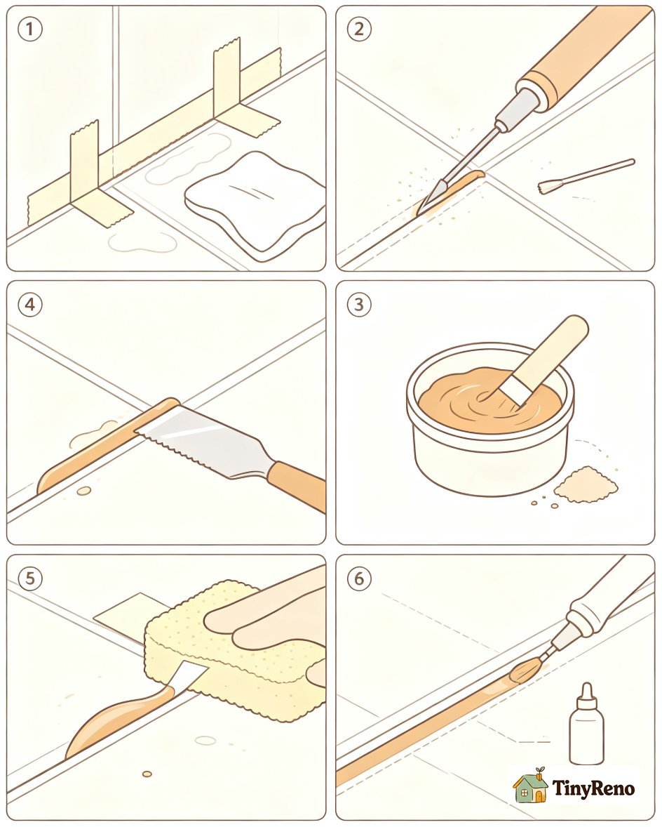 A six step shower grout crack repair SOP shown as numbered panels from removing old grout through sealing new grout