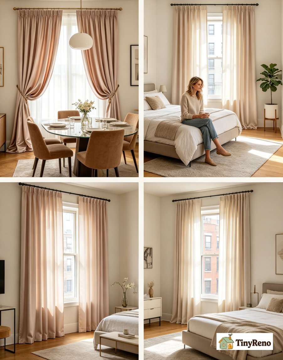A decision tree showing four questions that decide between satin drapes and satin curtains including room type ceiling height and budget