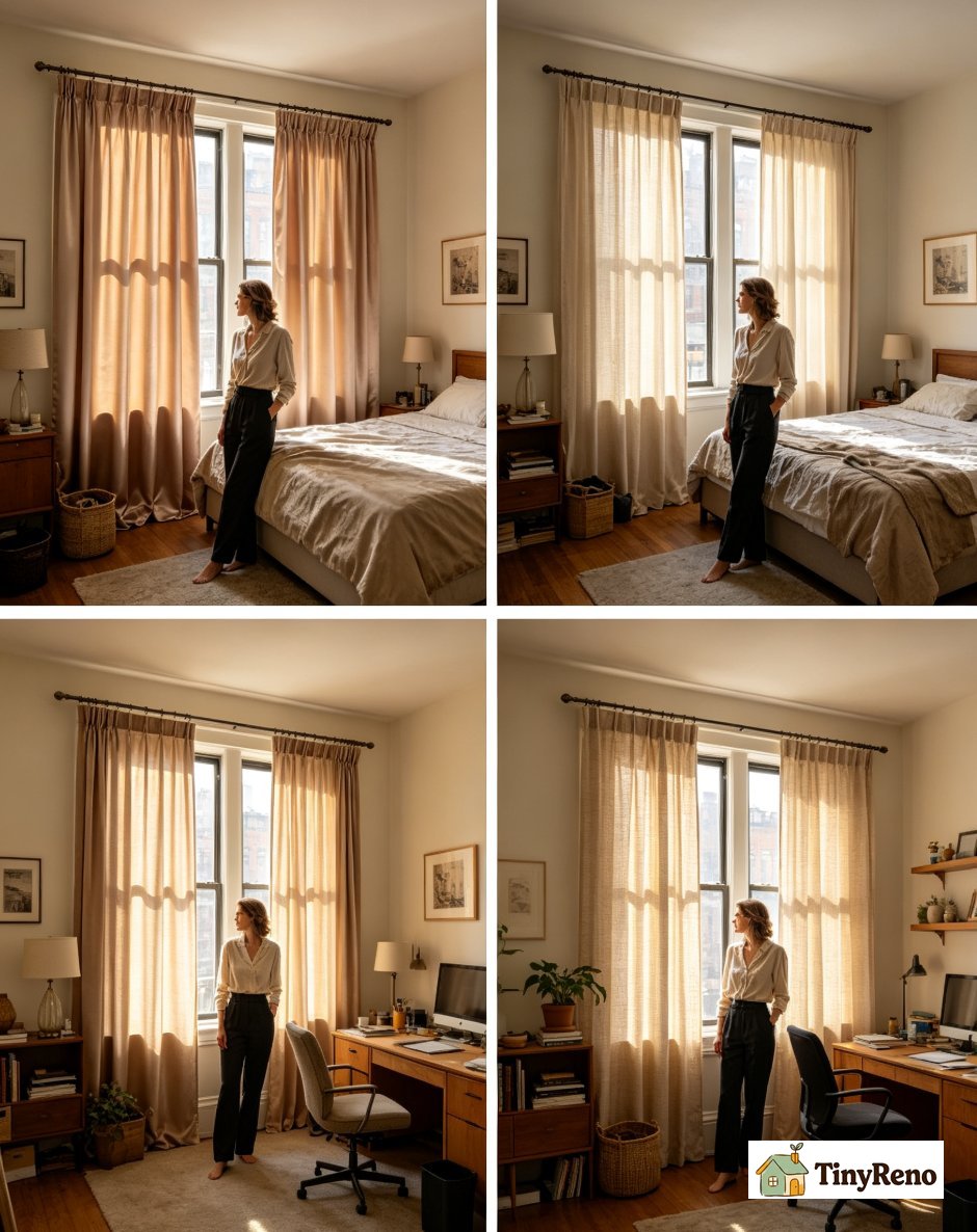A finished Brooklyn apartment four years after satin curtain install showing how different rooms have different fabric choices