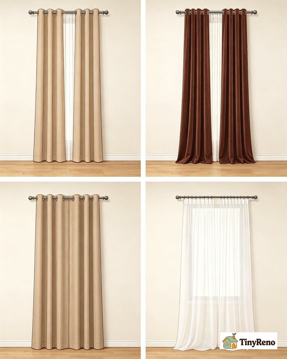 Four high-ceiling curtain mistakes including short panels, flimsy rod, no break, and wrong fabric