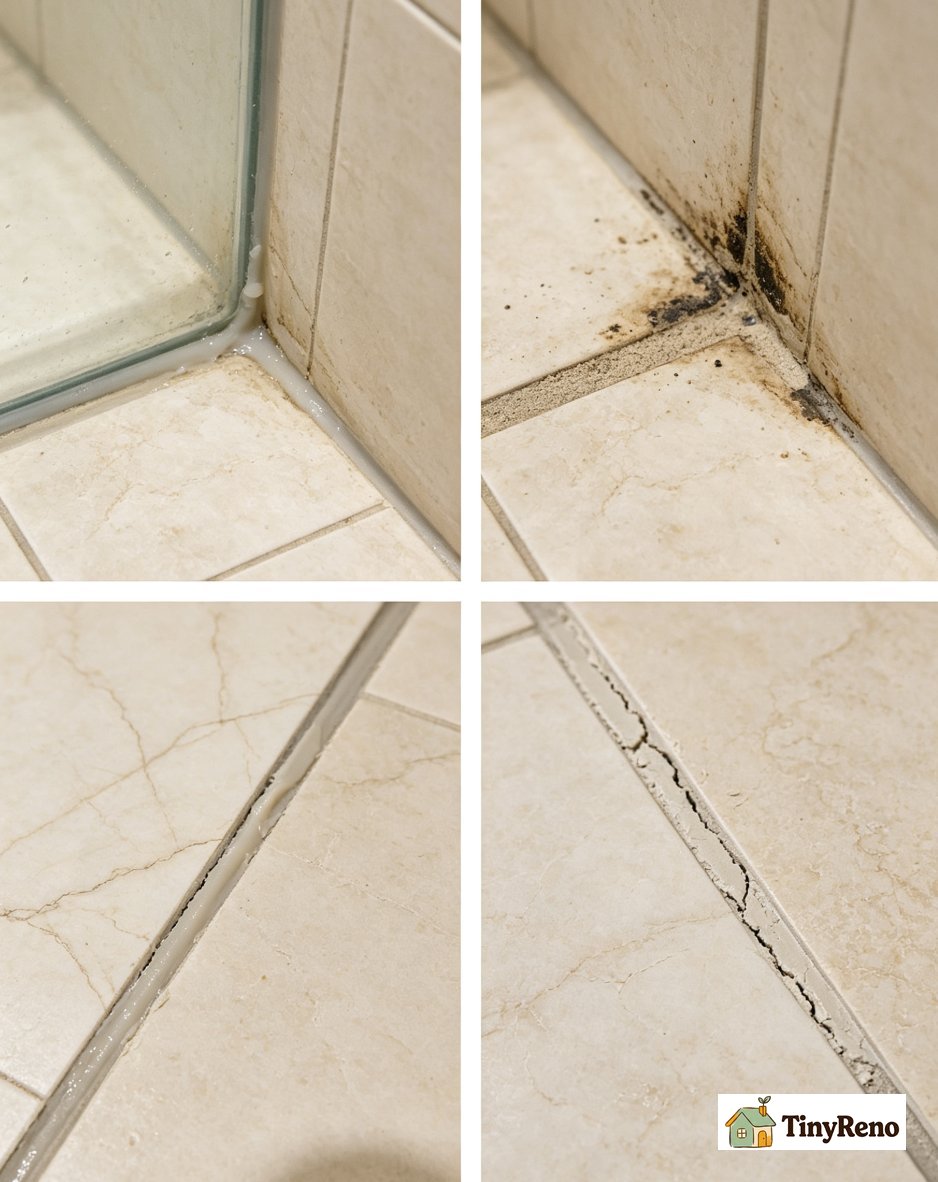 Four failed shower grout repair attempts shown side by side including moldy caulk scratched tile patched grout and sealed too early