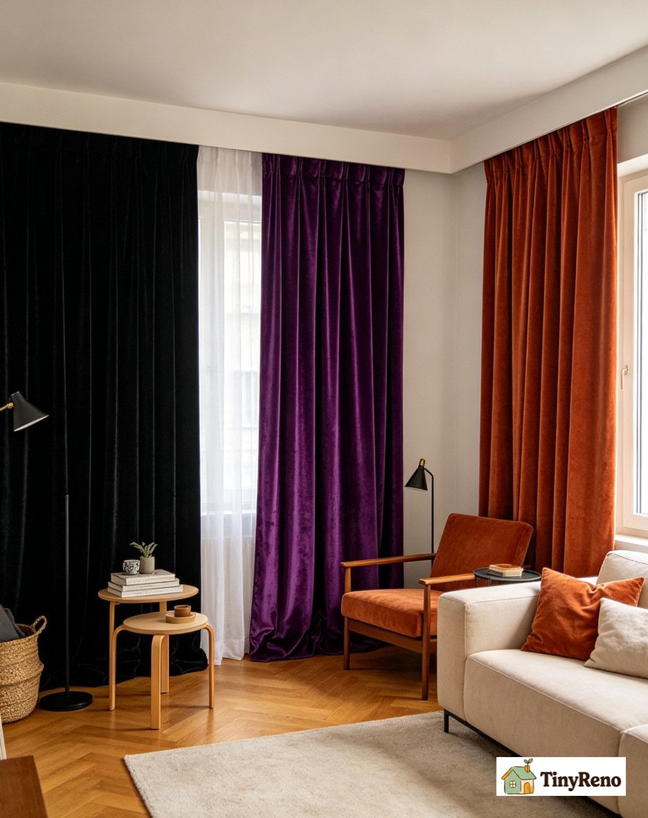 Three failed velvet curtain colors in real apartments showing black purple and orange that looked cheap or wrong