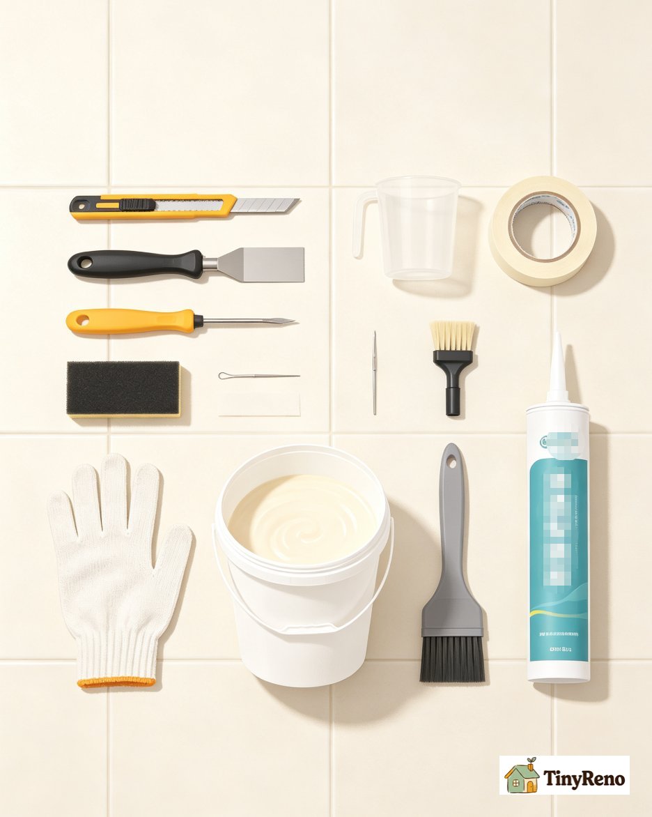 A shower wall with old cracked grout being removed with a grout saw before new grout is applied