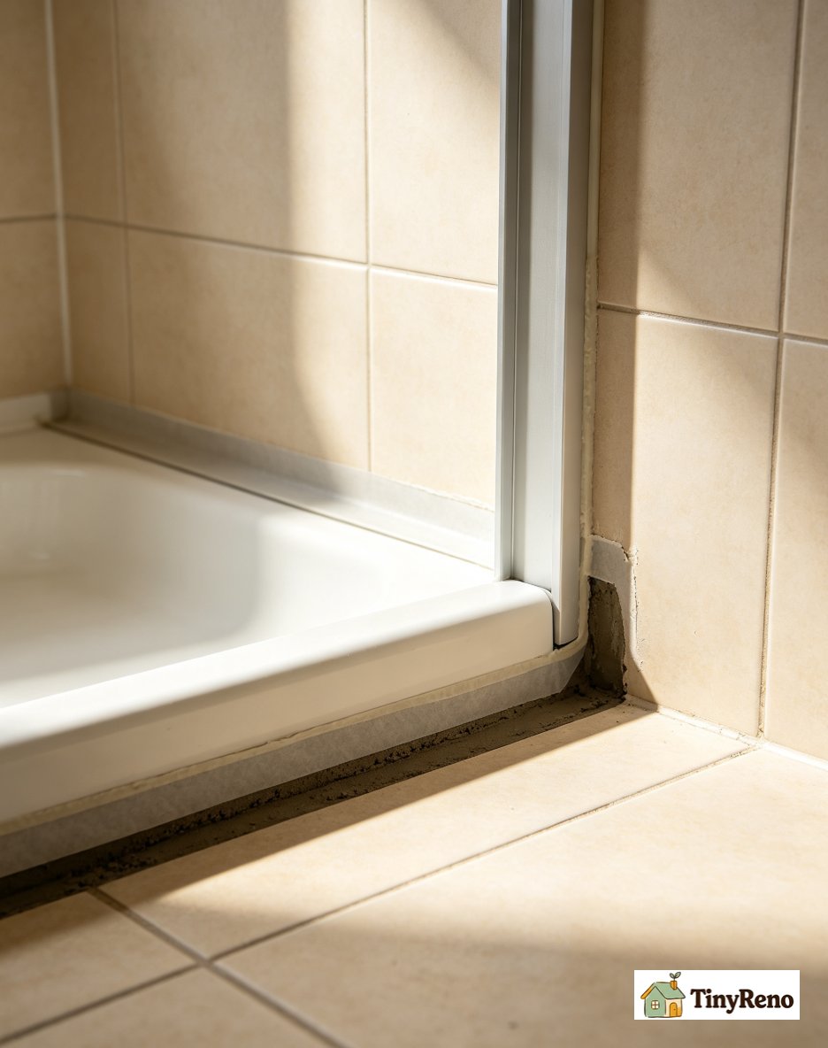 A shower curb with waterproof membrane visible before tile installation showing the membrane lapped up the wall