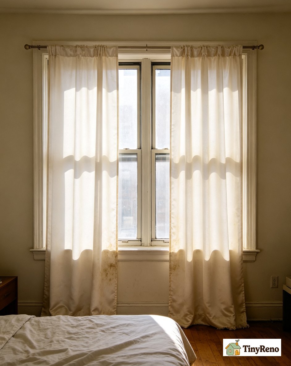 A Brooklyn bedroom with lightweight unlined satin curtains hung from ceiling to floor catching morning sunlight
