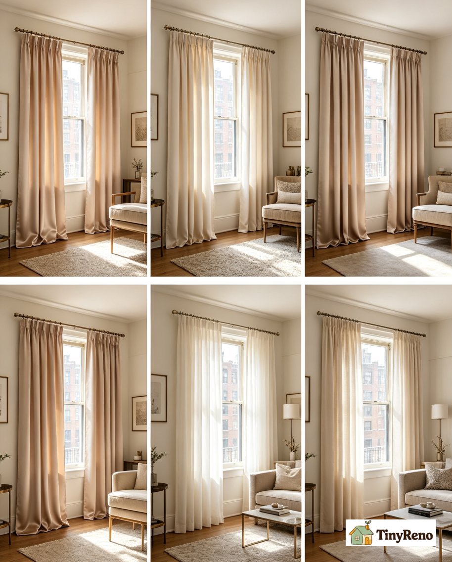 A side by side comparison of a heavy lined satin drape panel and a lightweight unlined satin curtain panel hung on the same window