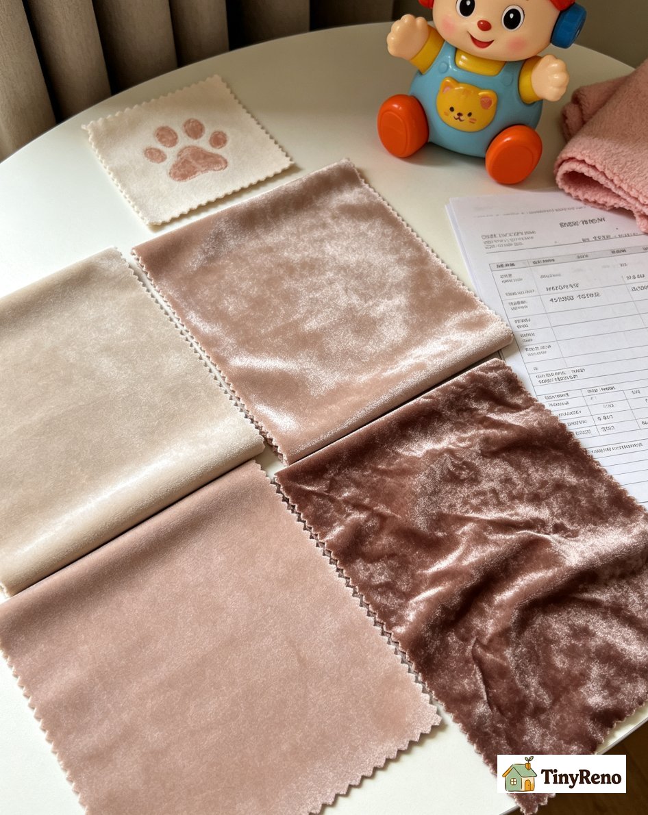 Four velvet fabric samples side by side showing cotton velvet silk velvet polyester velvet and crushed velvet with price and durability labels