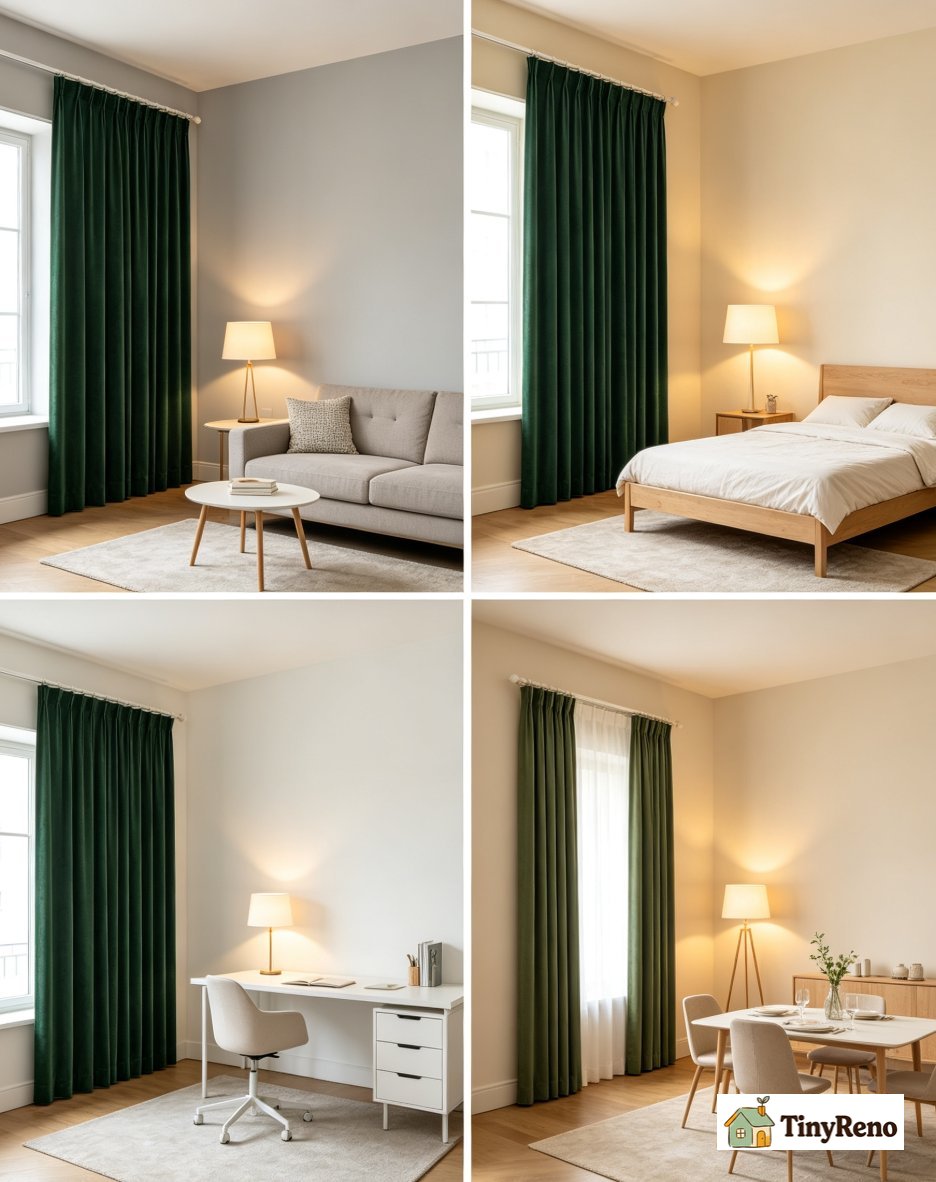 Three apartments with forest green dark velvet curtains in different rooms showing the universal appeal of forest green