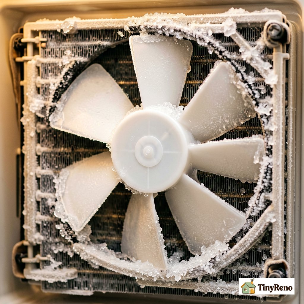 Open freezer compartment showing the white plastic refrigerator evaporator fan blade visible behind a buildup of clear frost on the evaporator coils