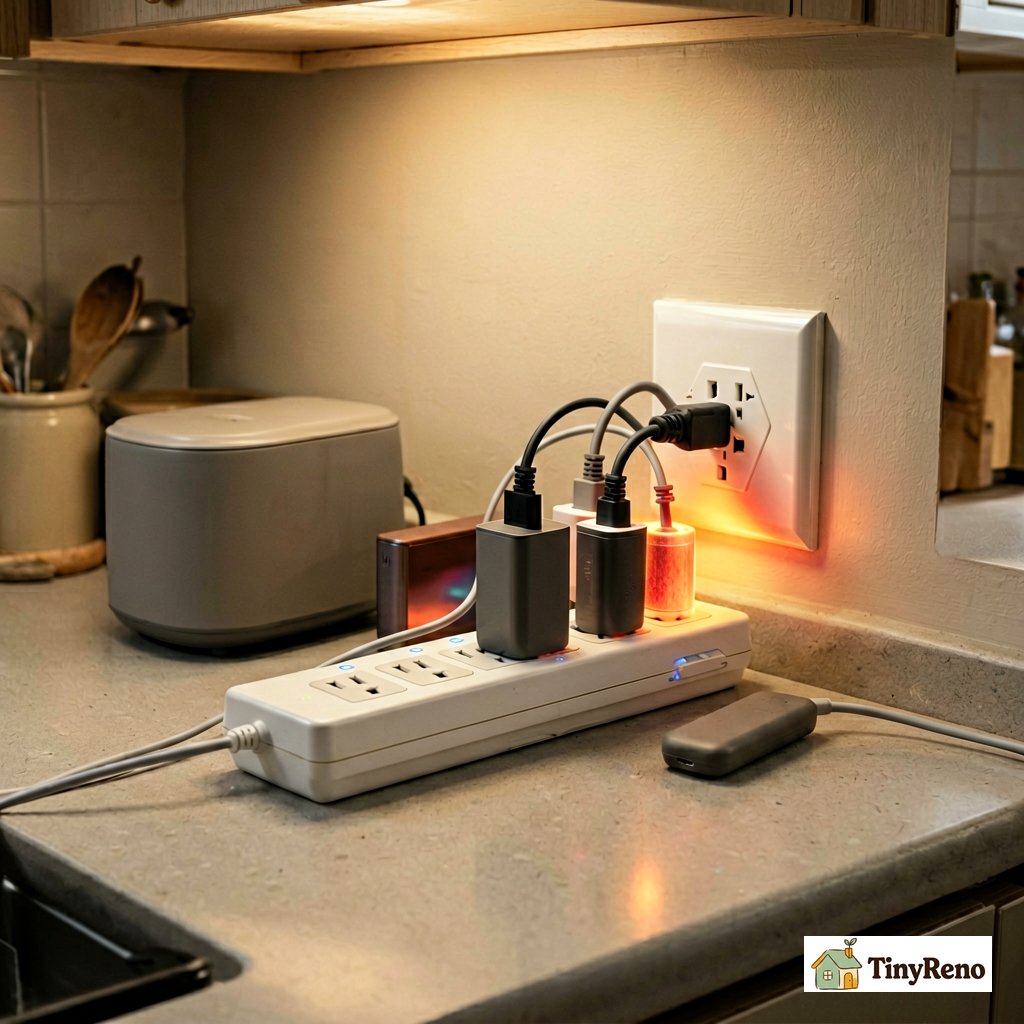 Power strip plugged into a kitchen outlet with multiple appliances showing how overloading a 15-amp circuit creates resistance and heat in the outlet