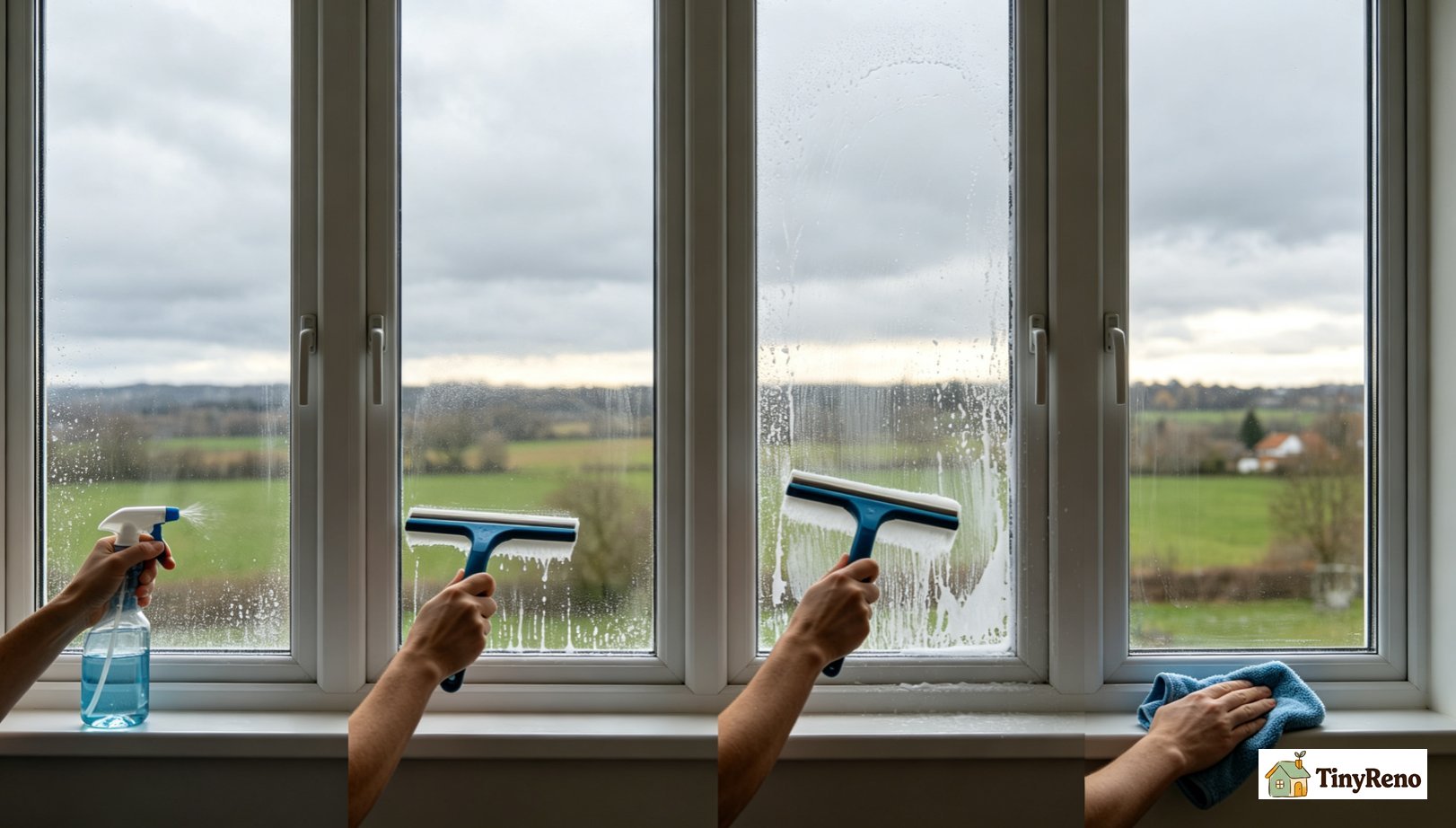 Identify the streak-free window cleaning sequence: a 4-step diagram showing the correct order — overcast time, vinegar solution, squeegee top to bottom, microfiber wipe