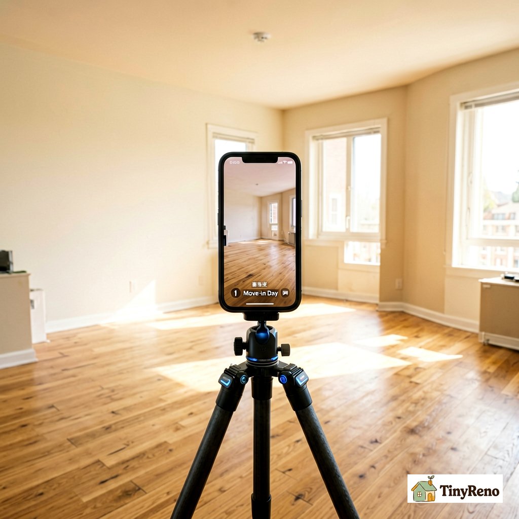Wide-angle smartphone photo of empty apartment living room on move-in day with timestamp overlay in corner